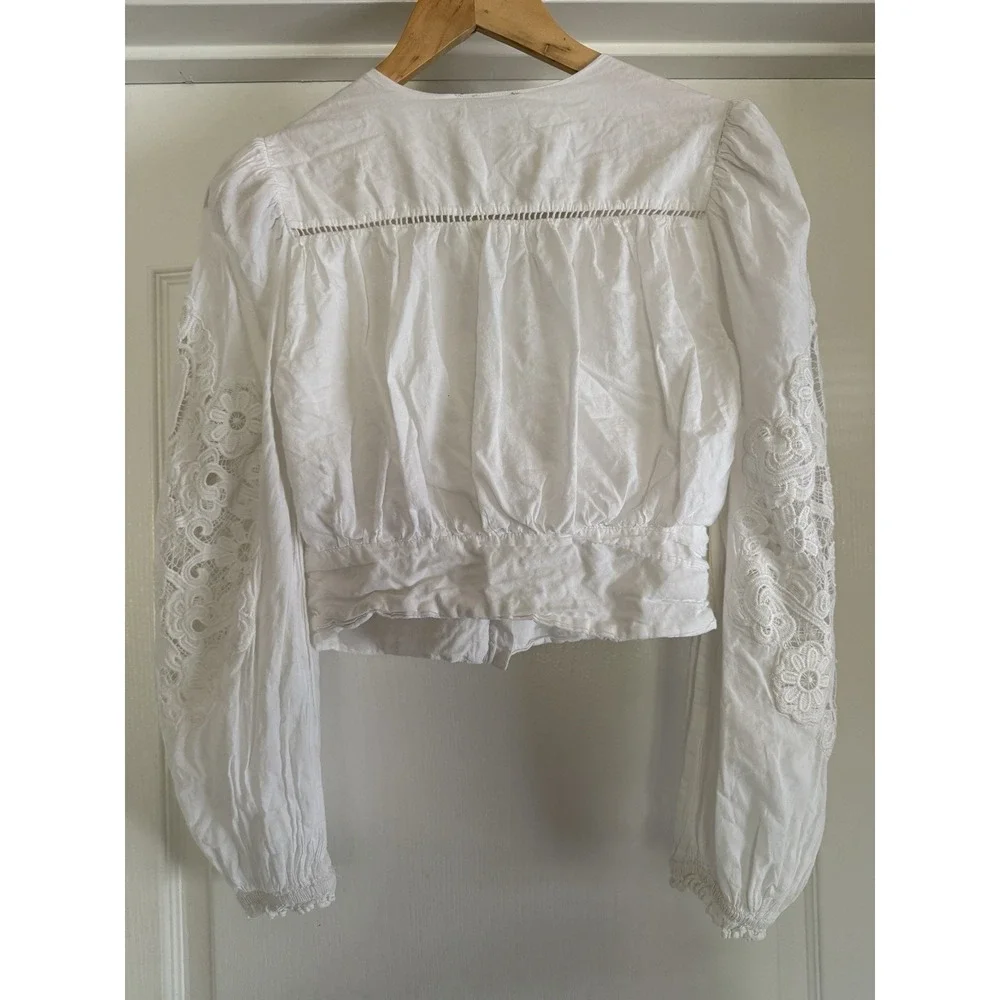 Farm Rio White Cotton Lace Long Sleeve Boho Crop Top XS